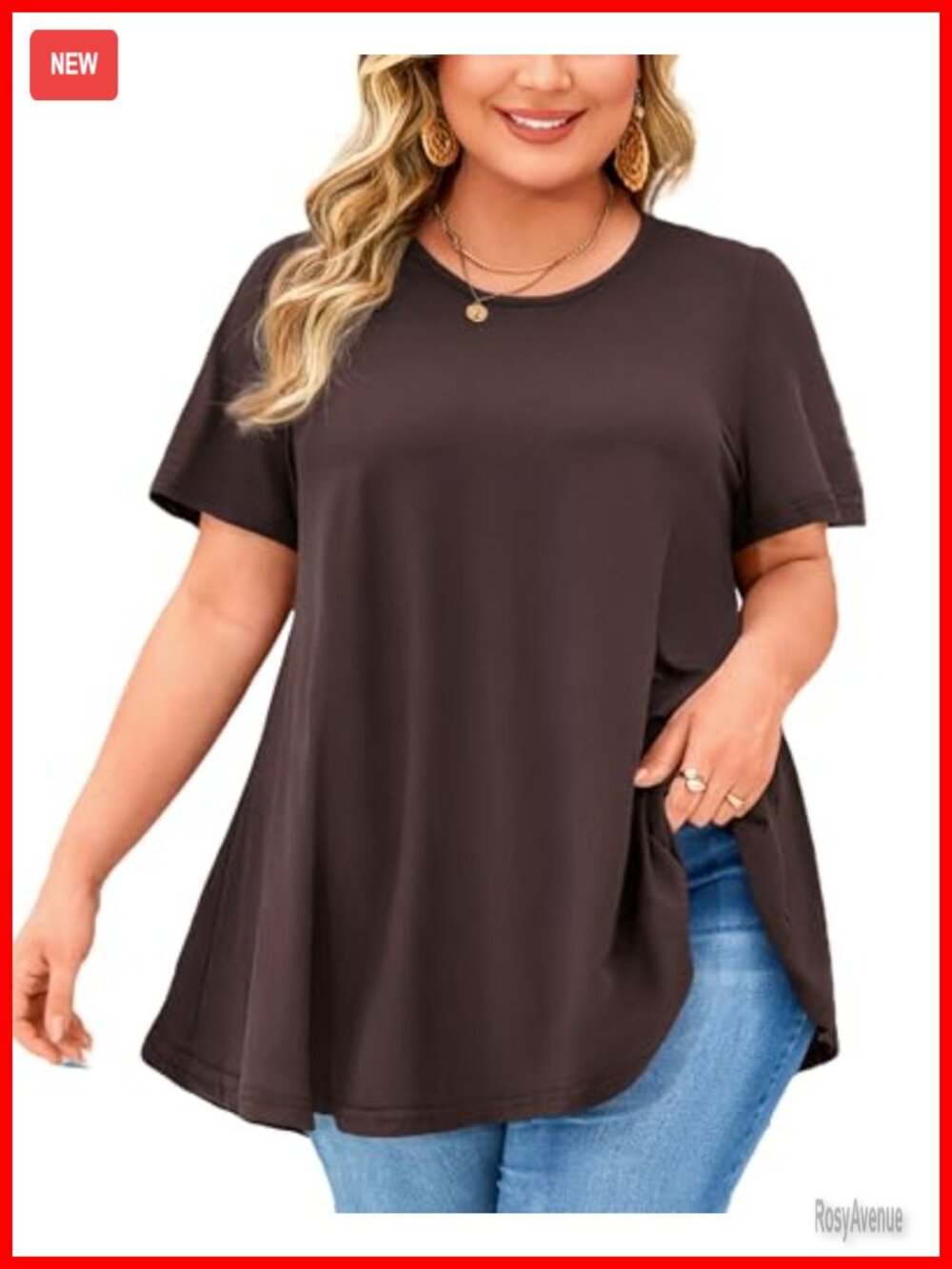 Plus Size Tunic Top Short Sleeve Crew Neck Swing Flare Loose Fit